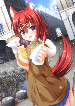 1girl :d absurdres amairo_islenauts animal_ears blue_skirt blue_sky blush breasts brown_coat casual cityscape coat commentary_request cowboy_shot dating dual_wielding dutch_angle eyes_visible_through_hair fang fingernails food fountain from_side fur-trimmed_hood fur_trim hair_between_eyes hair_ornament hands_up happy highres holding holding_food hood hood_down large_breasts lens_flare looking_at_viewer masaki_gaillard medium_hair miniskirt open_clothes open_coat open_mouth orange_shirt outdoors pleated_skirt pov purple_eyes red_hair shirt shrimp_3 skirt sky smile snowing solo steam striped_clothes striped_shirt tail tail_raised water winter wolf_ears wolf_girl wolf_tail x_hair_ornament