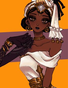 1girl aegyo_sal bell black_hair bracelet brown_eyes collarbone collarbone_piercing dark-skinned_female dark_skin dreadlocks dress earrings eyeshadow freckles fukuju_sou0103 gold_choker hair_bun headpiece highres identity_v jewelry looking_at_viewer makeup necklace off-shoulder_dress off_shoulder patricia_dorval patricia_dorval_(benediction) piercing solo upper_body veil white_dress white_veil