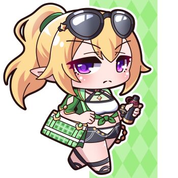 >:( 1girl absurdres argyle_background bag bikini bikini_under_clothes black_sandals black_shorts blonde_hair blush breasts chibi chloe_(princess_connect!) chloe_(winter)_(princess_connect!) closed_mouth commentary_request eyewear_on_head full_body green_background green_jacket hair_between_eyes highres jacket looking_at_viewer medium_breasts open_clothes open_fly open_shorts outline plaid pointy_ears ponytail princess_connect! purple_eyes saishosaisekojo sandals short_shorts short_sleeves shorts sidelocks solo sunglasses swimsuit v-shaped_eyebrows walking white_background white_bikini white_outline
