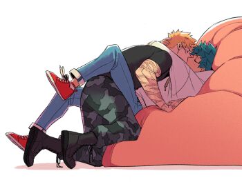 Rule 34 | 2boys, 5mll3, arms around neck, bakugou katsuki, bean bag chair, black boots, black shirt, blonde hair, blue pants, boku no hero academia, boots, camouflage, camouflage pants, closed eyes, denim, green hair, hood, hood down, hoodie, jeans, kiss, kneeling, lying, male focus, midoriya izuku, multiple boys, on back, pants, red shoes, shirt, shoelaces, shoes, short sleeves, simple background, white background, white hoodie, yaoi