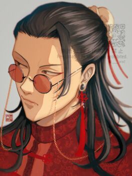 Rule 34 | 1boy, alternate costume, bad id, bad twitter id, black hair, closed mouth, earrings, eyewear strap, getou suguru, glasses, grey background, hair pulled back, hair slicked back, highres, jewelry, jujutsu kaisen, long hair, male focus, orz2, plug (piercing), portrait, qr code, red-tinted eyewear, round eyewear, solo, tinted eyewear, watermark