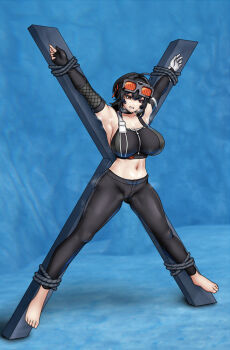 1girl ahoge armpits asymmetrical_gloves barefoot bdsm black_gloves black_pants black_sports_bra blue_background bound bound_arms bound_legs bra breasts choker cleavage clenched_teeth collarbone covered_groin crucifixion double-parted_bangs elbow_gloves fingerless_gloves gloves goggles goggles_on_head grace_howard hair_between_eyes hair_intakes linea_alba looking_down navel ningyoushi outstretched_arms pants parted_lips pink_lips raised_eyebrows red_eyes restrained short_hair sidelocks solo sports_bra spread_arms spread_legs stationary_restraints teeth thick_eyelashes toned toned_female underwear variant_set white_gloves x-cross_(bdsm) zenless_zone_zero