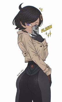 1girl ass black_hair bodysuit cellphone emma_(pokemon) from_behind gloves jacket looking_back mayu_sketch mirror_selfie nintendo phone pokemon pokemon_legends:_z-a purple_eyes selfie short_hair white_background