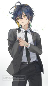 1boy belt black_hair black_jacket black_necktie black_pants black_suit blonde_hair closed_mouth earrings formal_clothes genshin_impact gloves green_eyes green_hair hair_between_eyes highres jacket jewelry kinich_(genshin_impact) male_focus multicolored_hair neck_tattoo necktie pants shirt short_hair single_glove skg_g solo spiked_ear_piercing streaked_hair suit tattoo white_background white_gloves white_shirt