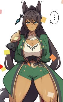 Rule 34 | ..., 1girl, animal ears, black hair, breasts, cleavage, closed mouth, commentary request, crossed arms, dark-skinned female, dark skin, green jacket, horse ears, horse girl, horse tail, jacket, large breasts, long hair, long sleeves, looking at viewer, mituyota 76, navel, solo, spoken ellipsis, standing, symboli kris s (onyx soldier) (umamusume), symboli kris s (umamusume), tail, umamusume, white background