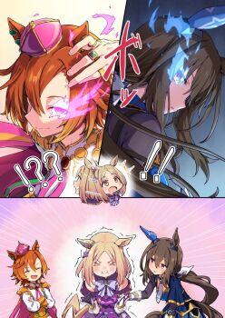 ! !! !? 3girls :o admire_vega_(starry_nocturne)_(umamusume) admire_vega_(umamusume) animal_ears armor asymmetrical_gloves black_gloves black_hair blonde_hair blue_dress bow bowtie close-up closed_mouth crown dress ear_covers flaming_eye gloves gold_armor gold_ring hair_between_eyes highres horse_ears horse_girl horse_tail jewelry long_hair looking_at_viewer mini_crown mismatched_gloves multiple_girls multiple_rings narita_top_road_(the_proud_road)_(umamusume) narita_top_road_(umamusume) necktie open_mouth orange_eyes orange_hair ponytail purple_dress purple_eyes ring short_hair single_ear_cover starheart t.m._opera_o_(o_sole_suo!)_(umamusume) t.m._opera_o_(umamusume) tail trembling umamusume umamusume:_road_to_the_top white_gloves