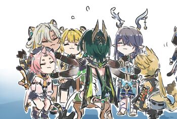 ! 6+girls animal_ears black_cat black_gloves brown_hair cat cat_ears cat_girl cat_tail cipher_(honkai:_star_rail) closed_eyes diona_(genshin_impact) dress feral_instincts genshin_impact gloves green_eyes green_hair grey_hair happy highres honkai:_star_rail honkai_(series) ju_fufu lauma_(genshin_impact) long_hair long_sleeves looking_at_another multiple_girls nefer_(genshin_impact) nekomata pantyhose petting pulchra_fellini purple_eyes short_hair simple_background sitting smile spoken_exclamation_mark standing tail white_background xilonen_(genshin_impact) xinzoruo zenless_zone_zero