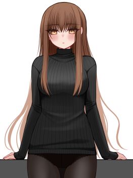 Rule 34 | 1girl, absurdres, black panties, black sweater, blush, breasts, brown eyes, brown hair, brown pantyhose, commentary request, fate/extra, fate (series), highres, kishinami hakuno (female), long hair, long sleeves, looking at viewer, mcpc zamurai, panties, panties under pantyhose, pantyhose, ribbed sweater, sidelocks, small breasts, solo, sweater, thighs, turtleneck, turtleneck sweater, underwear