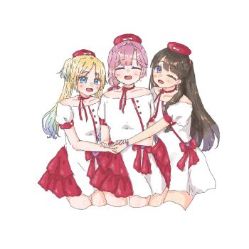 Rule 34 | 3girls, :d, ;d, ^ ^, anyoji hime, bare shoulders, blonde hair, blue eyes, blue hair, blunt bangs, blush, breasts, brown hair, choker, closed eyes, collarbone, commentary, dress, flower, frilled dress, frills, fujishima megumi, girl sandwich, gradient hair, hair flower, hair intakes, hair ornament, hair ribbon, highres, holding hands, light blue hair, link! like! love live!, long hair, looking at viewer, love live!, medium breasts, mira-cra park!, miracreation/elegance, multi-tied hair, multicolored hair, multiple girls, off-shoulder dress, off shoulder, official alternate costume, one eye closed, open mouth, osawa rurino, parted bangs, pink flower, pink hair, ponytail, purple eyes, red choker, red ribbon, ribbon, ribbon choker, sandwiched, short dress, sidelocks, simple background, skp1cnqfehmpasi, smile, swept bangs, twintails, two side up, virtual youtuber, white background, white dress