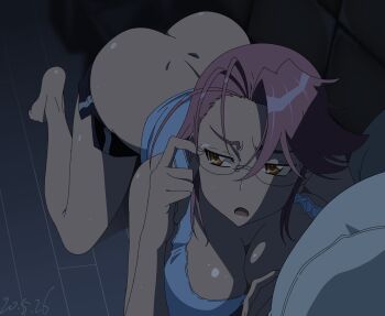 1girl adjusting_eyewear all_fours ass back barefoot black_shorts breasts brown_eyes butt_crack chinese_commentary cleavage clothes_pull commentary d: dated derivative_work eyebrows_hidden_by_hair from_above frown glasses hair_between_eyes hand_up highres highschool_of_the_dead indoors large_breasts long_hair looking_to_the_side night on_floor open_mouth pink_hair screenshot_redraw sha11021997 shirt shorts shorts_pull sleeveless sleeveless_shirt solo takagi_saya tsurime v-shaped_eyebrows waking_up white_shirt