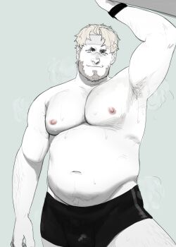 1boy absurdres armpit_hair armpit_hair_peek armpits bara barry_goodman beard big_belly boxers bulge cowboy_shot facial_hair fat fat_man fire_emblem full_beard hairy headband highres large_pectorals looking_at_viewer male_focus male_underwear mature_male multicolored_hair muscular muscular_male muted_color navel nintendo nipples pectorals philipposole presenting_armpit seductive_smile short_hair smile solo sparse_arm_hair sparse_leg_hair standing stomach sweat thick_eyebrows thick_thighs thighs tokyo_mirage_sessions_fe topless_male tsurime two-tone_hair underwear