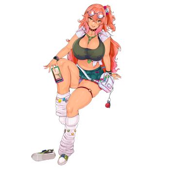 1girl 41_(taskmaster41) amesuku_gyaru badge bag bead_bracelet beads between_breasts bow bra bracelet breasts bullet_necklace button_badge cellphone character_name cleavage collar collarbone collared_shirt covered_erect_nipples explosive eyewear_on_head full_body glasses green_bra green_necktie green_shoes green_skirt grenade gyaru hair_between_eyes hair_bow hair_ornament heart_ring_strap highres holding holding_phone jewelry kogal large_breasts last_origin leg_warmers long_hair looking_at_viewer microskirt multiple_bracelets multiple_rings nail_polish navel necktie necktie_between_breasts non-web_source official_alternate_costume official_art open_clothes open_shirt orange_eyes orange_hair panties phone pink_bow pink_nails pleated_skirt plump ponytail purple_panties red_collar ribbed_leg_warmers ring round_eyewear school_uniform shirt shoes short_ponytail shoulder_bag side_ponytail simple_background single_shoe sitting skirt skull_hair_ornament sleeveless sleeveless_shirt smartphone smile smiley_face sneakers solo spriggan_(last_origin) striped_necktie tan thick_thighs thigh_strap thighs tied_shirt tongue tongue_out transparent_background underwear unworn_shoes watch white_bag white_leg_warmers white_shirt