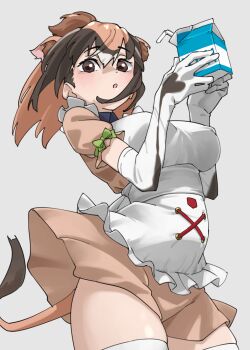 1girl animal_ears animal_print apron black_hair blush breasts brown_eyes brown_hair brown_shirt brown_skirt collared_shirt commentary cow_ears cow_girl cow_print cow_tail cowboy_shot drink_carton elbow_gloves extra_ears frilled_apron frilled_sleeves frills from_below gloves grey_background hair_between_eyes highres jersey_cattle_(kemono_friends) kemono_friends large_breasts looking_at_viewer milk_carton multicolored_hair print_gloves puffy_short_sleeves puffy_sleeves shirt short_sleeves sidelocks simple_background skirt solo tail tanabe_(fueisei) thighhighs two-tone_shirt white_apron white_hair white_shirt white_thighhighs zettai_ryouiki