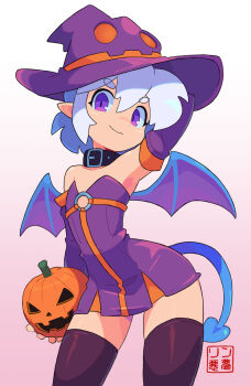 collar crossdressing demon detached_sleeves hat highres horns pointy_ears pumpkin purple_eyes rin_nightmare sulfur tail thighhighs trap white_hair wings witch witch_hat