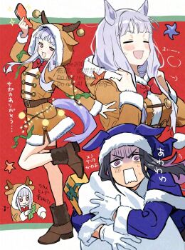 Rule 34 | 2girls, animal costume, animal ears, animal hood, antlers, black hair, blue capelet, blue dress, blue hat, blunt bangs, blush, boots, breasts, brown boots, capelet, christmas, closed eyes, closed mouth, dress, fake antlers, fenomeno (umamusume), fur-trimmed capelet, fur-trimmed dress, fur-trimmed headwear, fur trim, gift, gloves, gold ship (umamusume), grey hair, hat, hat with ears, highres, holding, holding gift, holding sack, hood, hood down, horns, horse ears, horse girl, horse tail, koppe koppe, long hair, long sleeves, multicolored hair, multiple girls, official alternate costume, open mouth, purple eyes, purple hair, reindeer antlers, reindeer costume, reindeer hood, sack, santa costume, santa dress, santa hat, smile, star (symbol), tail, umamusume, white gloves