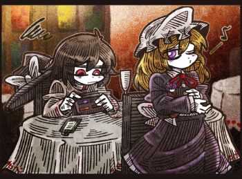 3girls :| annoyed black_hat blonde_hair blush bow brown_hair buttons chair changeability_of_strange_dream character_doll closed_mouth cup doll dress dress_ribbon drinking_glass full_stomach hair_between_eyes hat hat_bow hieda_no_akyuu long_dress long_sleeves maribel_hearn medium_hair mob_cap multiple_girls musical_note one_eye_closed parody purple_dress purple_eyes receipt red_eyes red_ribbon restaurant ribbon sash satisfied shirt sitting sleeve_cuffs spoken_musical_note squiggle suenari_(peace) table touhou unworn_headwear usami_renko walking walking_away wallet whistle white_bow white_hat white_shirt window wine_glass