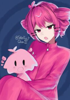 1girl 1other :o antenna_hair artist_name blob chibi chiccha_na_watashi_(synthesizer_v) commentary cuddling dot_nose drill_hair hair_between_eyes hair_ornament hairclip highres jacket kasane_teto long_sleeves looking_at_viewer making-of_available pants pink_eyes pink_hair pink_jacket pink_pants short_hair sidelocks sitting skellychan synthesizer_v turtleneck turtleneck_jacket twin_drills two_side_up utau zipper |_|