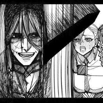 azrael_(grand_assassin)_(fate) bow braid commentary crying earrings fate/grand_order fate_(series) hair_between_eyes hair_bow here's_johnny!_(meme) highres jewelry mcpc_zamurai meme necktie olga_marie_animusphere olga_marie_animusphere_(unbeast) open_mouth scar scar_on_face smile sword symbol-only_commentary tears the_shining weapon