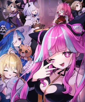 6+girls ahoge animal_ears aqua_hair bare_shoulders black_hat blonde_hair blue_hair blue_hat breasts bright_pupils brown_hair cape character_request cleavage cloak closed_eyes dress edelweiss_(shadowverse) glasses gloves green_eyes grey_hair hair_over_one_eye hat highres hug lilanthim_(shadowverse) long_hair mask mask_on_head medium_breasts multicolored_hair multiple_girls nanakusa_yomogi open_mouth pink_eyes pink_hair pink_nails purple_eyes remi_and_rami shadowverse shadowverse:_worlds_beyond side_ponytail star-shaped_pupils star_(symbol) streaked_hair stuffed_animal stuffed_toy symbol-shaped_pupils teddy_bear twintails two-tone_hair white_cloak white_gloves white_pupils witch_hat yellow_eyes