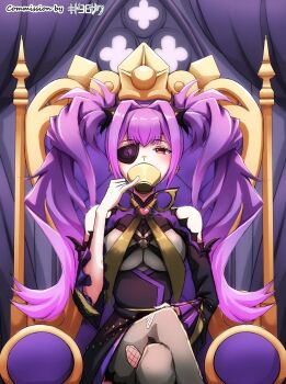 1girl artist_name bare_shoulders belt breasts broken_heart commission commissioner_upload cup drinking eyepatch gradient_hair hair_between_eyes hair_intakes heart highres holding holding_cup kido_ksn1 large_breasts looking_at_viewer mercy_modiste multicolored_hair o-ring o-ring_top purple_hair red_eyes scissors sitting sitting_on_throne solo teacup thighhighs throne torn_clothes torn_legwear twintails vallure virtual_youtuber