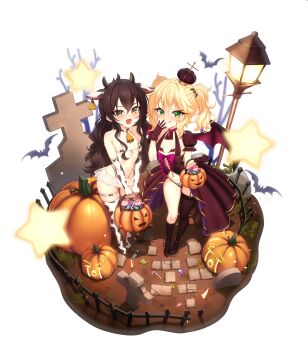 2girls :d :q absurdres animal_ear_hairband animal_ears animal_print bare_shoulders bat_(animal) bat_hair_ornament bat_wings bell bikini black_hair black_panties black_shoes black_sleeves black_socks black_thighhighs blonde_hair blush boots breasts brooch candy choker collarbone corset cow_ear_hairband cow_ears cow_girl cow_horns cow_print cow_print_bikini cow_print_gloves cow_print_thighhighs cowbell crown ear_tag elbow_gloves fake_animal_ears fake_horns fang food frilled_gloves frilled_sleeves frills front-tie_bikini_top front-tie_top full_body garter_straps gloves gluteal_fold green_eyes hair_between_eyes hair_ornament hairband halloween halloween_bucket halloween_costume high_heels highleg highleg_bikini highres horns huge_filesize idolmaster idolmaster_cinderella_girls jack-o&#039;-lantern jewelry kiari_art kneehighs lamppost loli long_hair looking_at_viewer matoba_risa microskirt mini_crown multiple_girls navel navel_piercing neck_bell open_mouth panties piercing print_bikini print_gloves print_thighhighs puffy_short_sleeves puffy_sleeves pumpkin revealing_clothes sakurai_momoka shoes short_sleeves simple_background single_garter_strap single_kneehigh single_sock single_thighhigh skirt small_breasts smile socks standing star_(symbol) swimsuit thigh_boots thigh_strap thighhighs tombstone tongue tongue_out twintails underwear wavy_hair white_background wings yellow_eyes