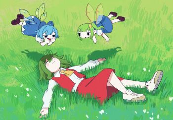 Rule 34 | 3girls, :o, ^ ^, blue hair, cirno, closed eyes, daiyousei, fairy wings, floating, full body, green hair, highres, kazami yuuka, looking at another, lying, meadow, multiple girls, on back, on grass, shoes, short hair, side ponytail, smile, sneakers, touhou, warokeru, wings