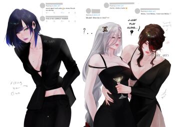 3girls absurdres alcohol arms_behind_back bare_shoulders beidou_(genshin_impact) black_bra black_dress black_hair black_pants blue_hair bra breasts brown_hair cleavage commentary cup dress english_commentary eyepatch genshin_impact highres holding holding_cup lart_art1 long_hair multiple_girls pants red_eyes shenhe_(genshin_impact) short_hair tweet twitter_username underwear white_hair wine yelan_(genshin_impact)