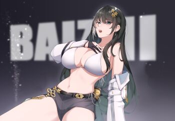 1girl absurdres baizhi_(wuthering_waves) belt black_belt black_gloves black_hair black_shorts bra breasts bright_pupils character_name commentary cosplay detached_sleeves earrings gloves grey_hair hand_on_own_chest highres jewelry kruup kwon_eun-bi kwon_eun-bi_(cosplay) large_breasts long_hair multicolored_hair open_mouth partially_fingerless_gloves short_shorts shorts solo streaked_hair stud_earrings teeth two-tone_hair underwear upper_teeth_only white_bra white_pupils wuthering_waves