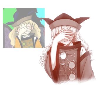 Rule 34 | 1girl, constellation print, covering face, crying, detached sleeves, facing viewer, hat, highres, long hair, long sleeves, matara okina, mochigumo, monochrome, official art inset, solo, sun print, tabard, touhou, wide sleeves