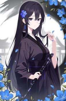 1girl black_hair black_kimono blue_flower closed_mouth commission flower hair_between_eyes hair_flower hair_ornament highres holding holding_own_hair holding_sheath japanese_clothes kimono long_hair long_sleeves looking_at_viewer obi original purple_eyes sash sheath sidelocks smile solo very_long_hair wide_sleeves ysoa26