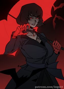 1girl absurdres black_hair blood bob_cut breasts claw_pose deadlock_(game) dress gloves gradient_background highres holding holding_umbrella jacket large_breasts looking_at_viewer loqu1t mina_(deadlock) parted_lips patreon_username red_eyes red_gloves short_hair simple_background smile solo teeth umbrella upper_body vampire