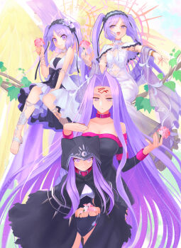 &gt;:) 5girls :d armlet bare_shoulders belt_collar black_dress black_hairband black_leotard bracelet breasts cleavage collar commentary_request dress euryale_(fate) euryale_(third_ascension)_(fate) facial_mark fate/grand_order fate_(series) feathered_wings fingernails flower flower_hairband forehead_mark gorgon_(fate) hairband halo halo_behind_head highres holding holding_flower hood hood_up jewelry leotard long_hair medusa_(fate) medusa_(lancer)_(fate) medusa_(rider)_(fate) mootie multiple_girls navel open_mouth purple_collar purple_eyes purple_hair rider shoes siblings sisters sitting_on_branch smile stheno_(fate) stheno_(third_ascension)_(fate) twins twintails v-shaped_eyebrows white_dress white_shoes wings yellow_wings