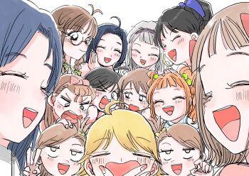 6+girls ahoge akizuki_ritsuko amami_haruka anniversary black_hair blonde_hair blue_hair bow brown_hair closed_eyes commentary_request covering_own_mouth everyone fang futami_ami futami_mami ganaha_hibiki hagiwara_yukiho hair_bobbles hair_bow hair_ornament hair_ribbon hairband hand_over_own_mouth highres hoshii_miki idolmaster idolmaster_(classic) kikuchi_makoto kisaragi_chihaya long_hair looking_at_another minase_iori miura_azusa multiple_girls open_mouth orange_hair ponytail ribbon shijou_takane siblings side_ponytail takatsuki_yayoi tobuchira twins twintails upper_body v yawning