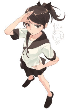 2girls arm_up ayanami_(kancolle) black_eyes black_hair black_sailor_collar black_shoes chibi chibi_inset collarbone commentary foreshortening full_body hand_on_own_hip kantai_collection looking_at_viewer medium_hair multiple_girls no_socks ponytail sailor_collar salute school_uniform serafuku shikinami_(kancolle) shirt shoes short_sleeves side_ponytail simple_background solo_focus standing white_background white_shirt yukitake_(bullfalk)