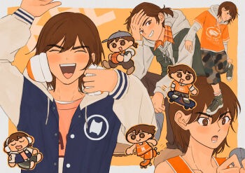 1boy alternate_eye_color arm_up ball basketball_(object) blue_jacket blush bright_pupils brown_eyes brown_hair camouflage camouflage_shorts chibi closed_eyes commentary_request dark-skinned_male dark_skin double-parted_bangs green_shoes hair_between_eyes headphones holding holding_ball hood hood_down hoodie jacket kel_(birthday)_(omori) kel_(faraway)_(omori) kel_(omori) letterman_jacket long_sleeves looking_at_viewer low_ponytail lower_teeth_only male_focus msdnno_kabe omori open_clothes open_jacket open_mouth orange_hoodie ponytail prototype_design roller_skates shoes short_hair short_ponytail shorts skateboard skateboarding skates smile sneakers socks solo teeth tongue upper_teeth_only white_pupils white_socks