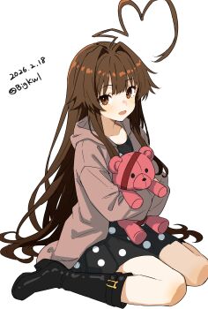 Rule 34 | 1girl, absurdres, ahoge, bigkwl, black boots, black dress, blush, boots, brown eyes, brown hair, brown jacket, commentary request, dated, dress, heart, heart ahoge, highres, hood, hood down, hooded jacket, huge ahoge, hugging object, jacket, kantai collection, kuma (kancolle), kuma (valentine) (kancolle), long hair, long sleeves, looking at viewer, one-hour drawing challenge, open clothes, open jacket, open mouth, polka dot, polka dot dress, simple background, sitting, smile, solo, stuffed animal, stuffed toy, teddy bear, twitter username, very long hair, wariza, white background