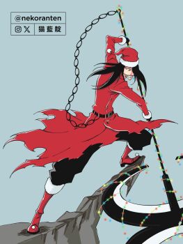 1boy absurdres artist_name axe belt black_belt black_hair bleach boots chain christmas christmas_lights commentary english_commentary fur-trimmed_boots fur-trimmed_sleeves fur_trim gloves hair_over_one_eye hat highres holding holding_axe long_hair looking_at_viewer nekoranten nnoitra_gilga santa_hat smirk solo torn_clothes torn_coat zanpakutou