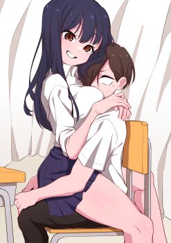 1boy 1girl absurdres black_hair black_pants blue_skirt boku_no_kokoro_no_yabai_yatsu breast_smother breasts brown_eyes brown_hair chair collared_shirt commentary desk face_to_breasts from_side grin hair_over_one_eye hetero highres hug ichikawa_kyoutarou large_breasts long_hair looking_at_viewer mekato on_chair pants pleated_skirt school_chair school_desk school_uniform shirt short_hair short_sleeves sitting sitting_on_person skirt smile straddling thighs white_shirt yamada_anna