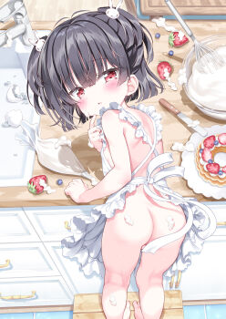 1girl apron ass barefoot bent_over black_hair blunt_bangs blunt_ends blush broken_egg cake commentary_request cream flat_chest food frilled_apron frills from_behind fruit hair_ornament highres indoors kitchen ladder loli looking_at_viewer looking_back naked_apron original parted_lips pastry_bag rabbit_hair_ornament red_eyes shizuki_ruriko short_hair sink solo stepladder strawberry takahashi_tetsuya two_side_up variant_set whisk white_apron