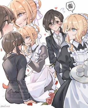 2girls apron black_dress black_jacket black_pants blonde_hair blue_eyes blush butler chinese_commentary claire_francois collared_shirt commentary_request dress eye_contact eyewear_in_mouth flower flying_sweatdrops hair_bun hand_on_another's_neck heart holding holding_tray jacket looking_at_another maid maid_apron monocle mouth_hold multiple_girls pants rae_taylor red_flower red_rose rose shirt simple_background smile spoken_squiggle squiggle tray watashi_no_oshi_wa_akuyaku_reijou watermark white_apron white_background white_shirt xufi2468 yuri