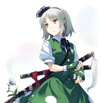 1girl artist_request black_bow black_bowtie black_hairband bow bowtie breasts collared_shirt fingerless_gloves flower game_cg gloves green_gloves green_skirt green_vest grey_hair hairband hitodama hitodama_print katana konpaku_youmu konpaku_youmu_(ghost) labyrinth_of_touhou_(series) labyrinth_of_touhou_2 medium_hair multiple_swords official_art puffy_short_sleeves puffy_sleeves sheath sheathed shirt short_sleeves skirt skirt_set small_breasts solo sword third-party_source touhou transparent_background vest weapon white_flower white_shirt yellow_eyes