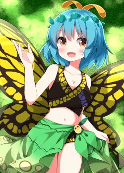 1girl :d antenna_hair bikini black_bikini black_wings blue_hair blush breasts bug butterfly cleavage commentary_request cowboy_shot eternity_larva green_sarong hair_ornament happy highres insect leaf_hair_ornament medium_breasts midriff navel open_mouth orange_eyes ruu_(tksymkw) sarong sarong_hold short_hair smile solo swimsuit touhou wings yellow_wings