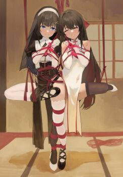 240mmap 2girls bare_shoulders barefoot bdsm black_corset black_thighhighs blue_eyes blush bondage bound bound_together breasts brown_hair china_dress chinese_clothes closed_eyes corset dress elbow_gloves gloves highres long_hair multiple_girls nun original restrained shibari shoes skindentation small_breasts standing thighhighs very_long_hair white_gloves white_thighhighs