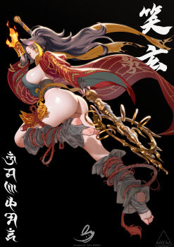 1girl absurdres artist_name ass bandaged_foot bandages black_background black_hair breasts commentary_request covered_erect_nipples fire from_below high_ponytail highres holding holding_staff large_breasts long_hair obi original ponytail qs_(qs_0222) rope sash sideboob solo staff thigh_strap thighs translation_request wide_sleeves