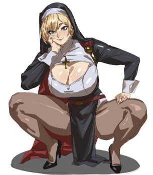absurdres belt blonde_hair blue_eyes blush breasts cape cape_clasp cleavage cross cross_necklace dc_comics hand_on_own_face hand_on_own_thigh high_heels highres huge_breasts jewelry leggings leotard necklace nun_headdress power_girl red_cape shiny_skin smile squatting taiyang_yu thick_thighs thighs