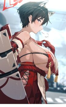 1girl animal_ears armor ballistic_shield bare_shoulders black_hair blue_archive blue_eyes blurry blurry_background blush border breast_curtain breasts breath clothing_cutout cross-laced_clothes cross-laced_cutout extra_ears from_side gloves halo hashtag-only_commentary highres holding holding_shield huge_breasts japanese_armor looking_to_the_side raccoon_ears raccoon_girl red_gloves red_halo red_sailor_collar red_skirt rope_belt sailor_collar shield short_hair side_cutout sideboob sideless_outfit skirt solo sweat tsubaki_(blue_archive) very_sweaty white_border yu-x