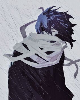 1boy aizawa_shota bags_under_eyes black_hair bloodshot_eyes boku_no_hero_academia grey_background hair_over_one_eye highres long_hair looking_at_viewer male_focus mighteye_inlove outdoors rain scarf solo sparse_stubble upper_body