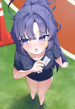 1girl absurdres arm_at_side arm_up bare_legs black_halo blue_archive blue_buruma blue_shirt blue_shoes blush breasts buruma collarbone commentary_request grass halo highres id_card lanyard large_breasts lilith_painting long_hair looking_up mechanical_halo open_mouth ponytail purple_eyes purple_hair red_pupils running_track shirt shoes short_ponytail short_sleeves solo star_on_cheek t-shirt traffic_cone yuuka_(blue_archive) yuuka_(track)_(blue_archive)