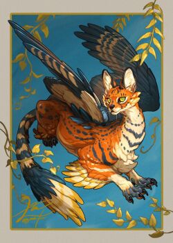 animal_focus bird_wings blue_background border claws creature feathered_wings full_body green_eyes grey_border leaf looking_at_viewer no_humans original outside_border serval signature solo twitter_username whiskers winged_animal wings yamamura_le