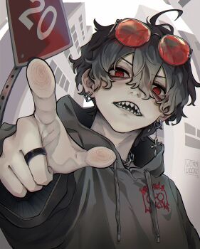 1boy aegyo_sal ahoge black_hair black_hoodie building cross cross_earrings double-parted_bangs earrings eyewear_on_head from_below grin hair_between_eyes highres hood hood_down hoodie hoop_earrings jewelry male_focus original pointing pointing_at_viewer red-tinted_eyewear red_eyes ring road road_sign sharp_teeth short_hair sign smile solo street teeth tinted_eyewear upper_body wormudon